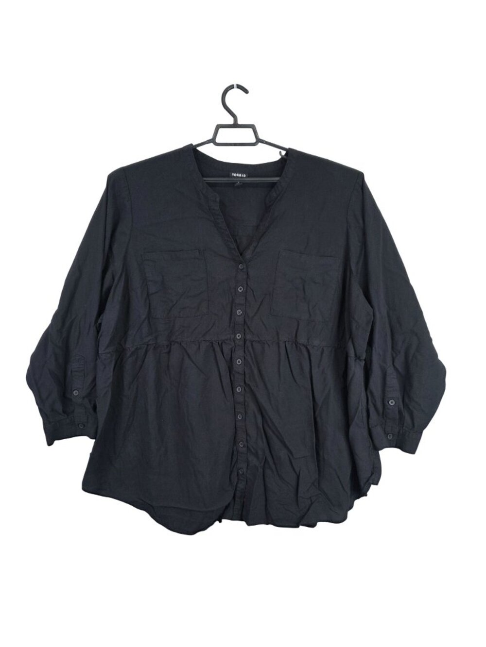 Womens Torrid Black Button Up Peplum Tunic Top Viscose Lyocell Pockets Size 4